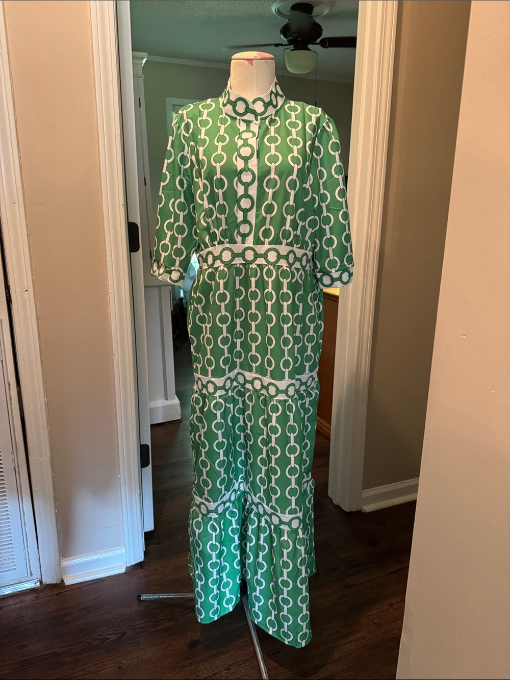 Green Chain-Print Midi Dress